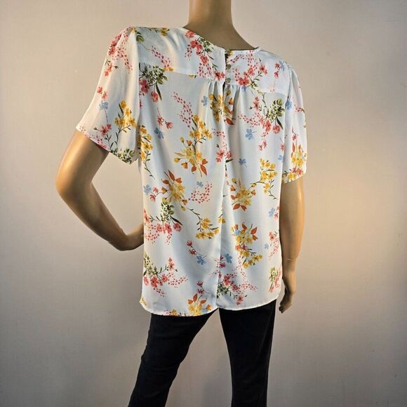Liz Claiborne Top Floral Short Sleeve Blouse V Neck Spring Career Womens Size L - Picture 3 of 8